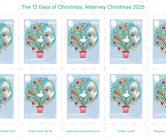 Twelve Days of Christmas - Alderney reduced rate 64p stamp sheet of 10