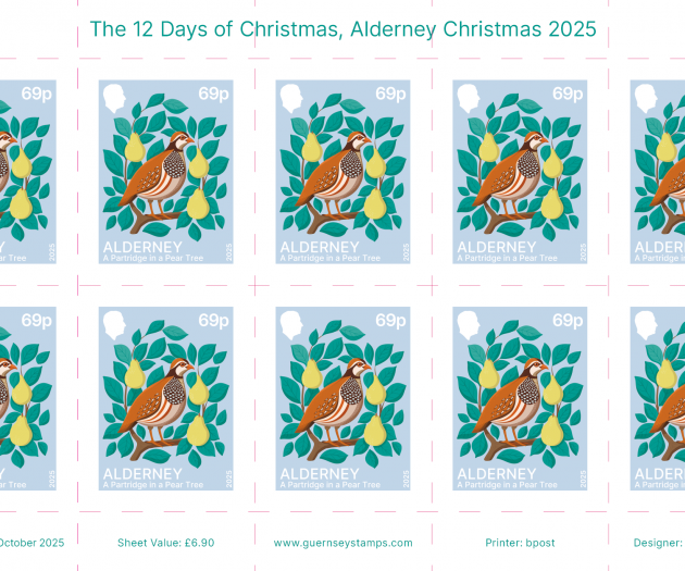 Twelve Days of Christmas - Alderney 69p stamps sheet of 10